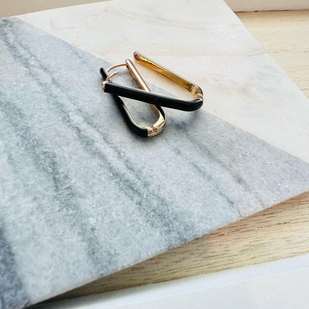 New Black Enamel Huggie Hoop Earrings | Boutique | Gold Accent | Lightweight